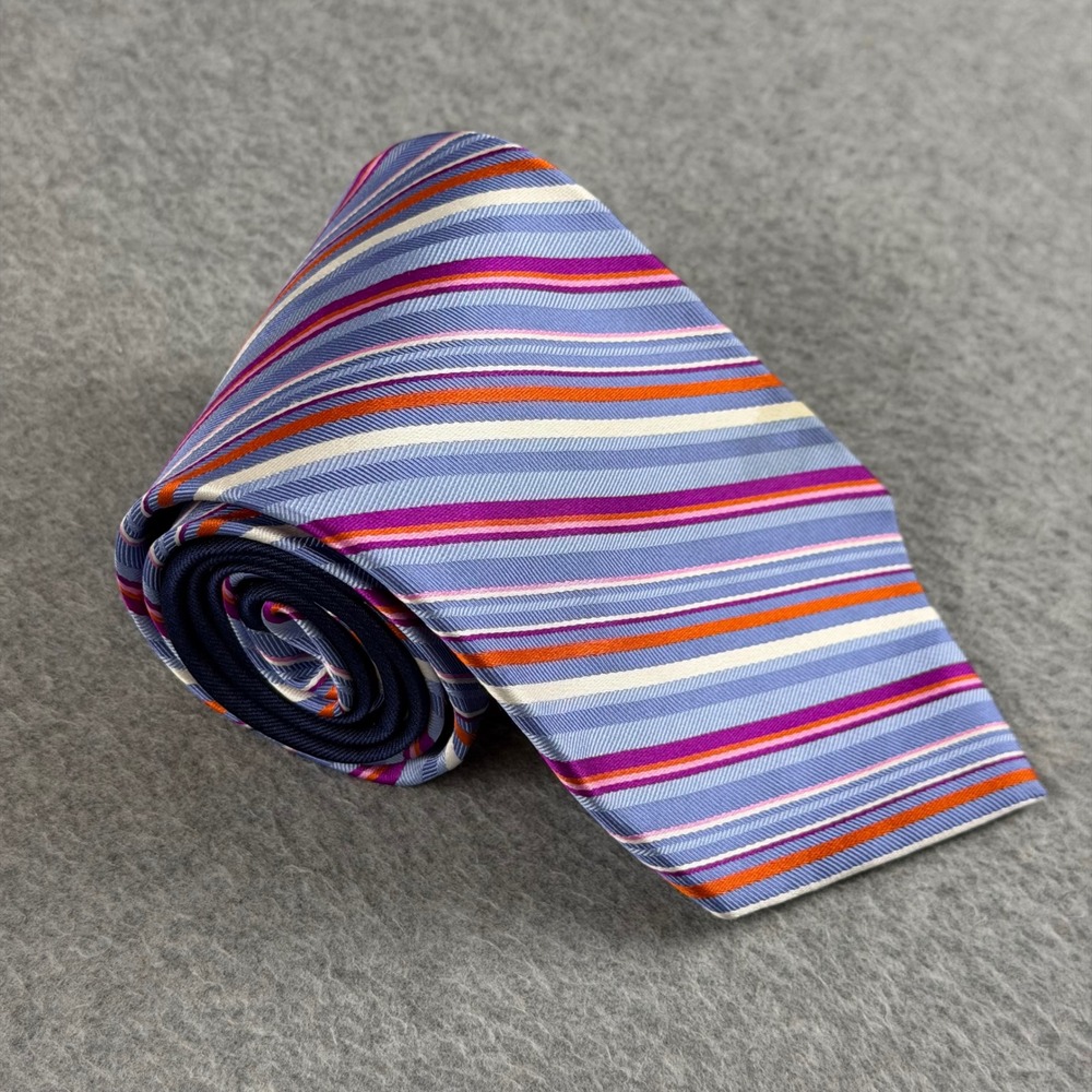 Vintage Tommy Hilfiger Mens Silk Necktie Blue Purple Orange Striped USA 56x3.6"
